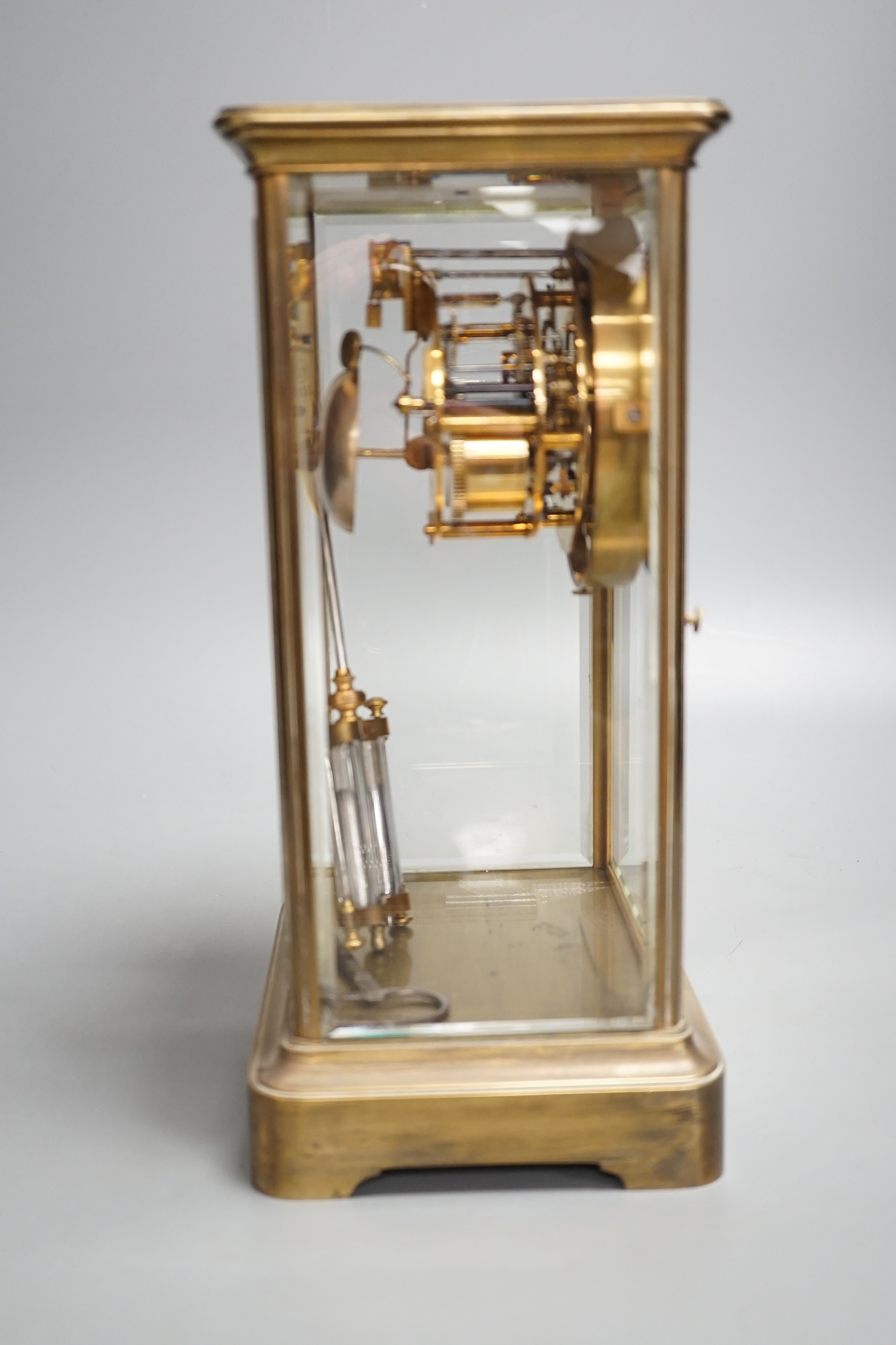 A late 19th century French four glass mantel clock with S.Marti movement, mercury pendulum & key. 30cm